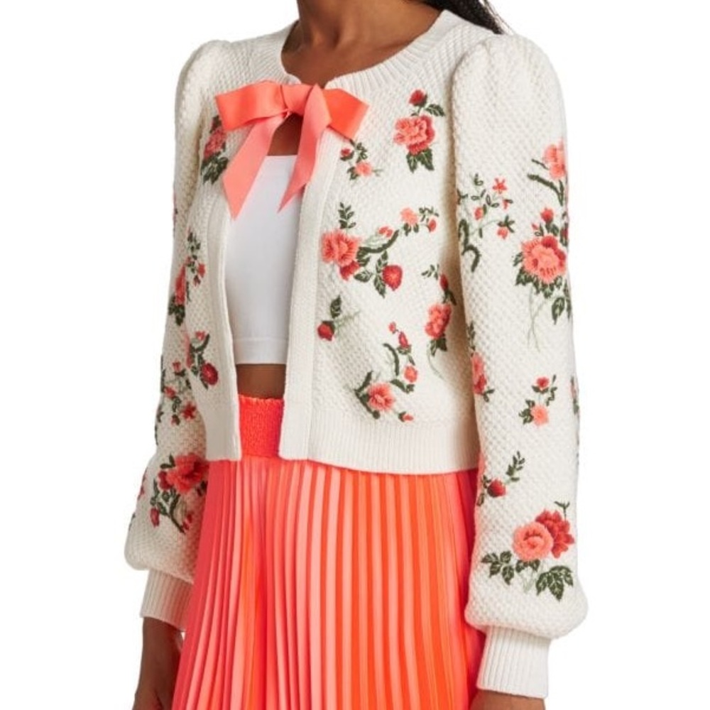 Alice + Olivia Kitty Floral Embroidered Cardigan with Bow - Picture 4 of 6